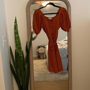 Monteau rust polka dot mini dress with puff sleeves and belted tie